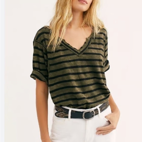 We The Free Tops - FP We The Free Womens Head In The Clouds Striped V Neck T-Shirt Size L